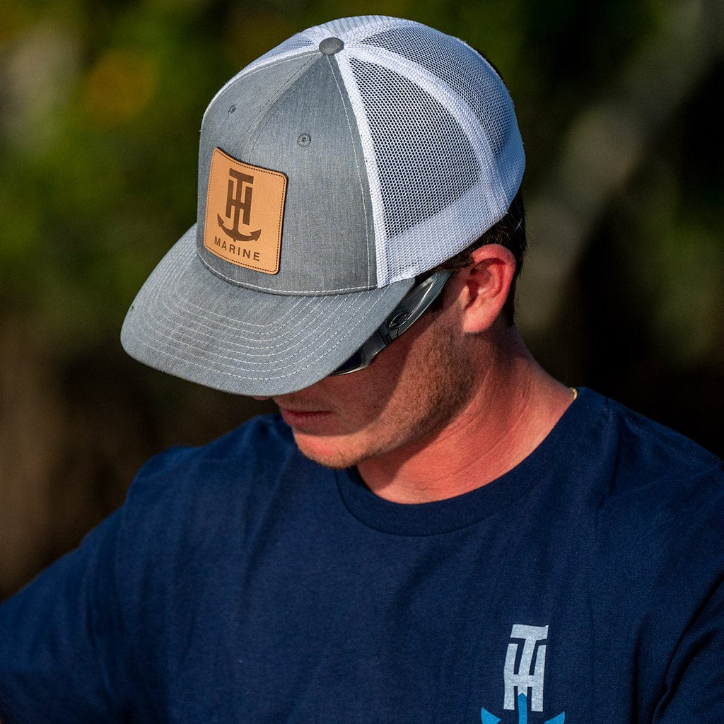 T-H Marine Snapback Hat Gray and Leather Patch Logo Snapback