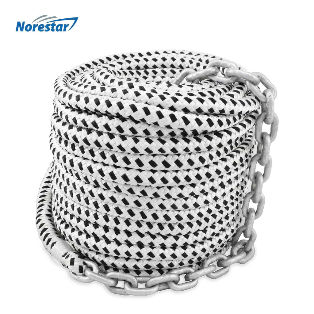 Norestar Anchor Lines 1/2" × 150' Rope & 15' × 1/4" Chain Double-Braided Nylon Windlass Rope & Galvanized Chain (Prespliced 1/4" HT G4 Chain)
