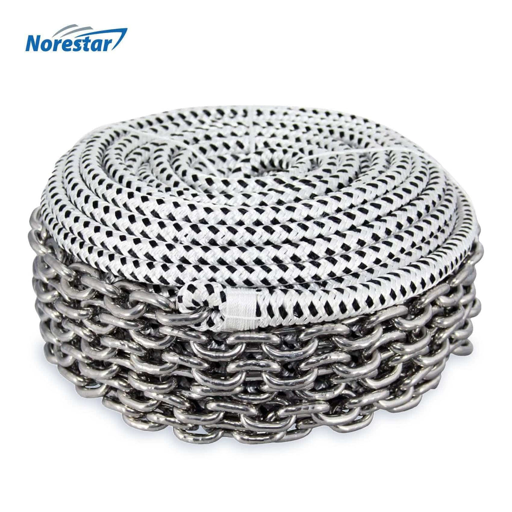 Norestar Anchor Lines 1/2" × 150' Rope with 1/4" × 15' Chain Distressed Packaging Double-Braided Nylon Windlass Rope & Stainless Steel Chain (Prespliced 1/4" HT G4 Chain)