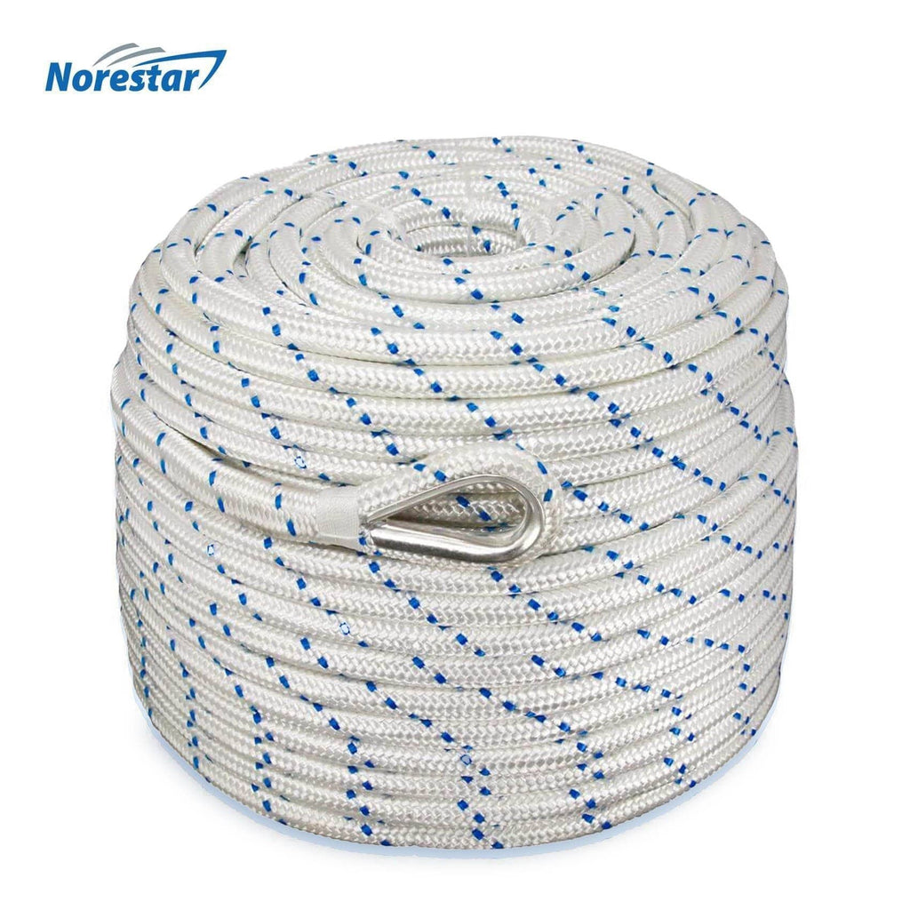 Norestar Anchor Lines 150' × 1/2" Double-Braided Nylon Anchor Rope with Stainless Steel Thimble