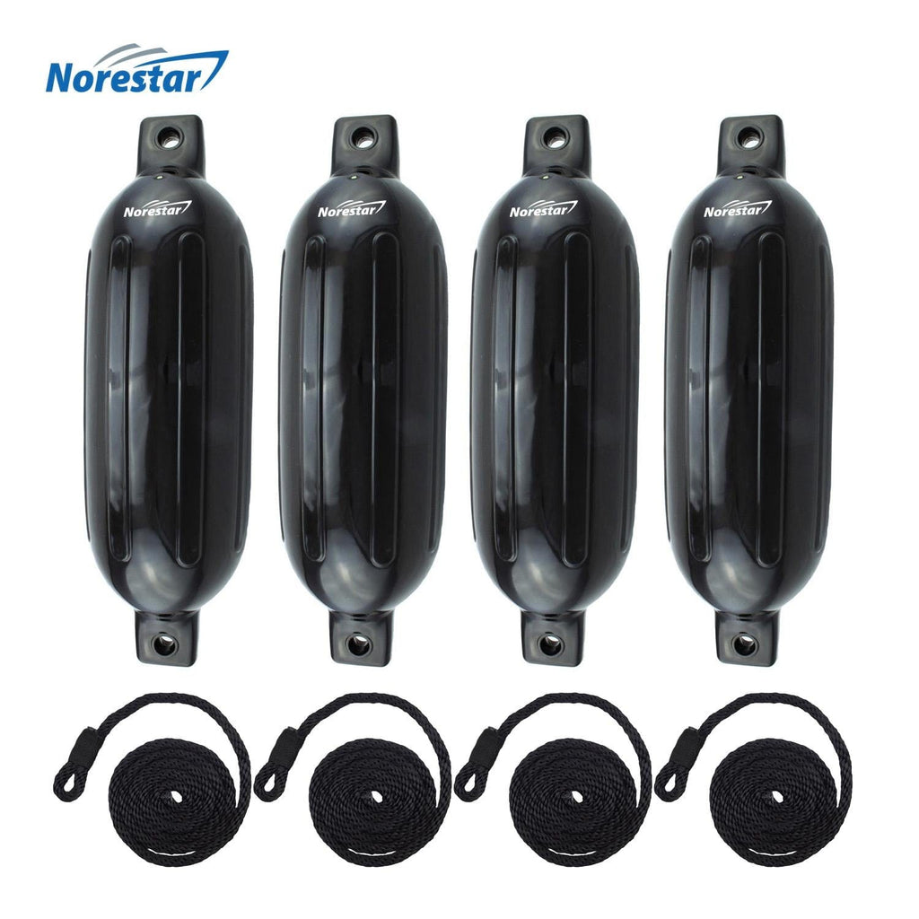Norestar Fenders 5.5" × 20" / Black Four-Pack Double-Eye Ribbed Boat Fenders with Fender Lines, Deflated
