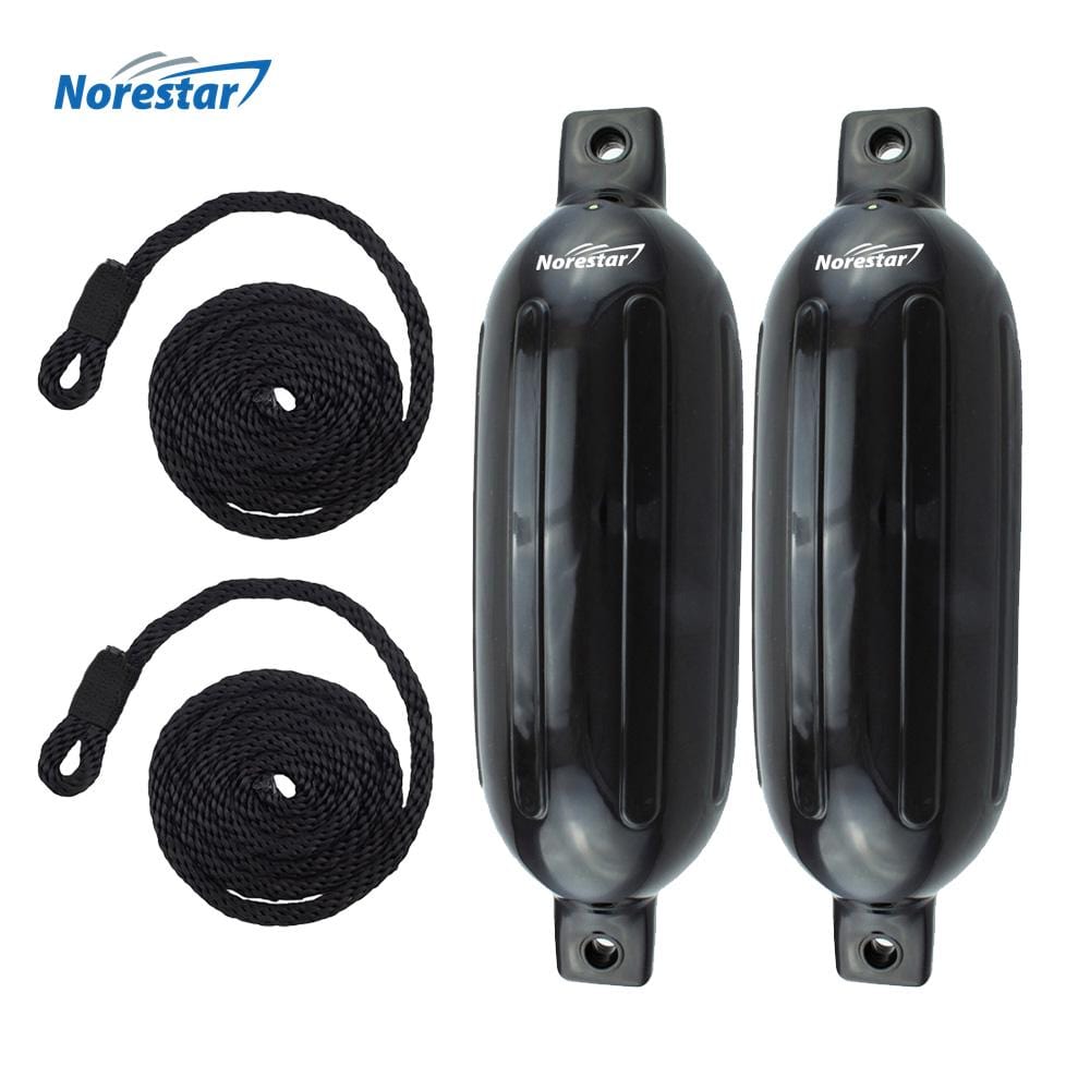 Norestar Fenders 5.5" × 20" / Black Two-Pack Double-Eye Ribbed Boat Fenders with Fender Line, Deflated