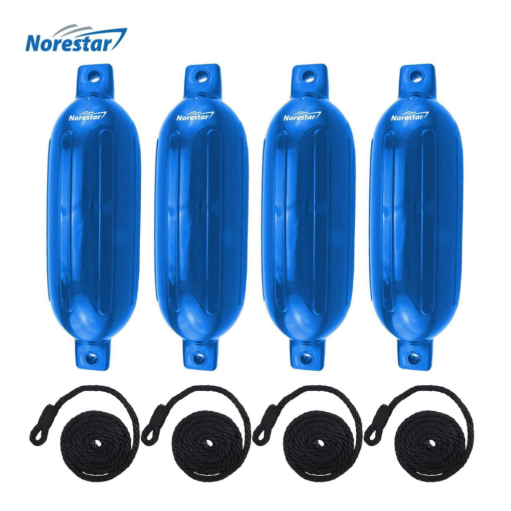 Norestar Fenders 5.5" × 20" / Blue Four-Pack Double-Eye Ribbed Boat Fenders with Fender Lines, Deflated
