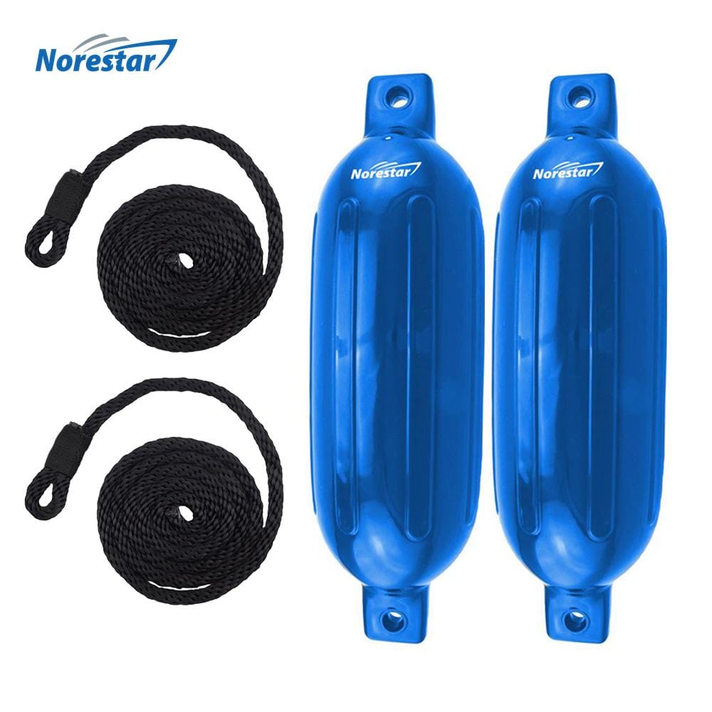 Norestar Fenders 5.5" × 20" / Blue Two-Pack Double-Eye Ribbed Boat Fenders with Fender Line, Deflated