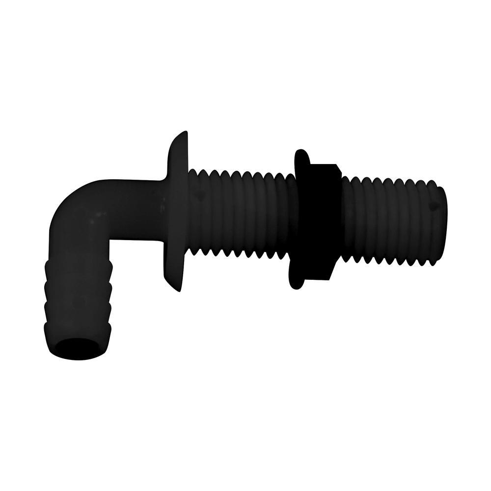 TH Marine 1-1/8 Inch Threaded Overflow Drain Elbow - Black Plastic Thru-Hull Fitting For Boats